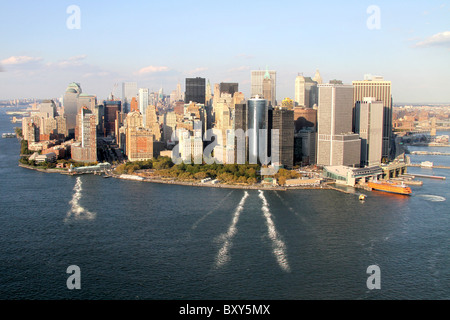 Aerial view of New York City skyline and downtown financial district and Battery Park and Staten Island Ferry Terminal on Manhat Stock Photo