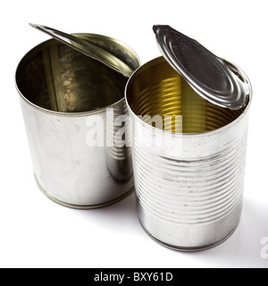 Empty open tin can without label isolated on white. Stock Photo