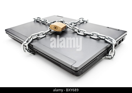 Heavy chain with a padlock around a laptop Stock Photo
