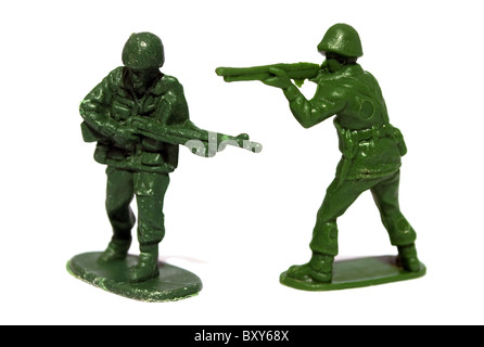 two plastic toy soldiers on a white background Stock Photo