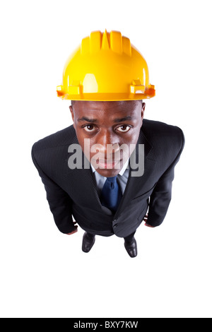 Powerful and happy african engineer businessman looking up (isolated on white) Stock Photo