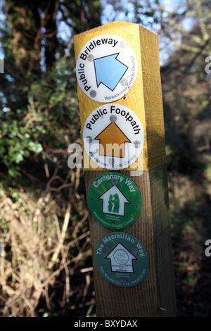 Signs for Macmillan and Centenary Ways; Public Footpath direction signs; Edgehill, Warwickshire Stock Photo