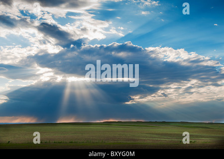 Sunrays shining through clouds over field Stock Photo