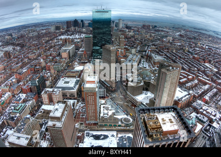 View of Boston in Massachsetts from the top of the Prudential Center using a fisheye lens. Boston shown as a planet. Stock Photo