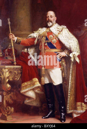 KING EDWARD VII (1841-1910) in his 1902 Coronation robes painted by  Samuel Fildes holding the Royal Sceptre Stock Photo