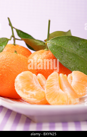 Whole and sectioned clementines served on a white dish. Studio shot. Selective focus, extra-shallow DOF. Stock Photo