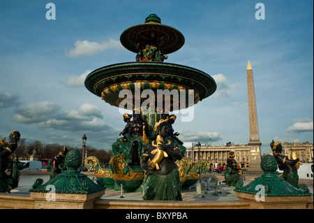 Paris, France, Wide Angle View, Street Scenes, French Historic Monuments, Place de la Concorde, Public Water Fountain, Obelisk Stock Photo