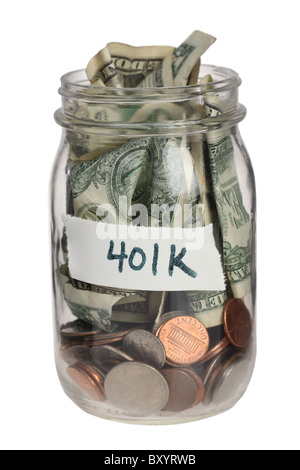 401K savings jar on white background Stock Photo