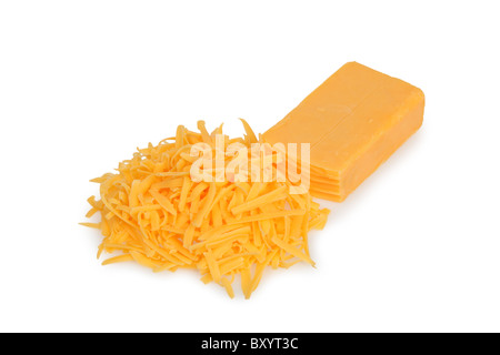 Grated cheddar cheese on white background Stock Photo
