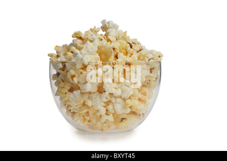 Popcorn in bowl on white background