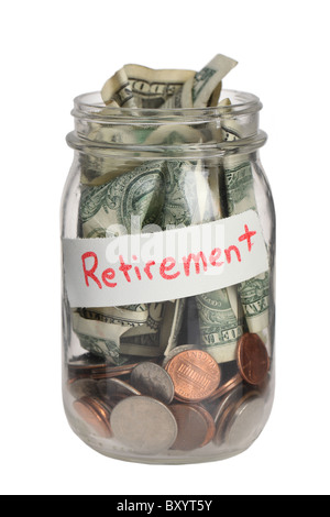 Retirement savings jar on white background Stock Photo