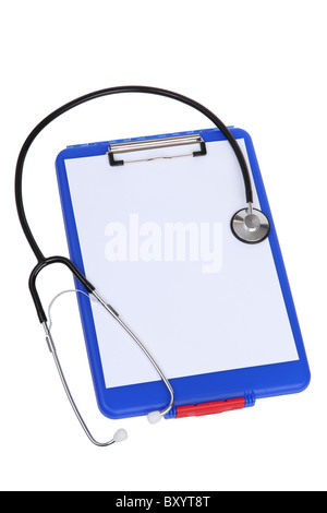 Medical clip board and stethoscope on white background Stock Photo