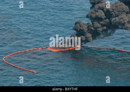 Insitu burn, seven miles north of the source MC 252 site, Gulf of Mexico, Louisiana, USA. Stock Photo