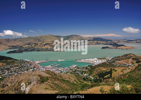 View of Lyttelton Harbour from summit of Christchurch Gondola, Heathcote Valley, Christchurch, Canterbury, New Zealand Stock Photo