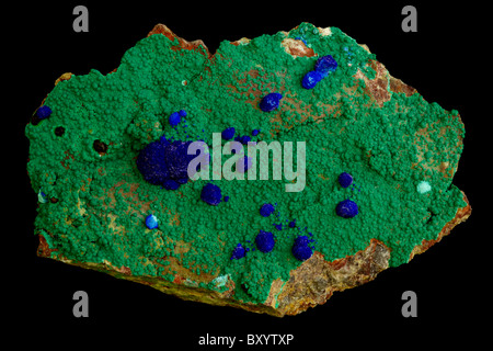 Azurite and Malachite - Bisbee - Arizona - Both very common secondary copper ores produced by copper sulfide weathering Stock Photo