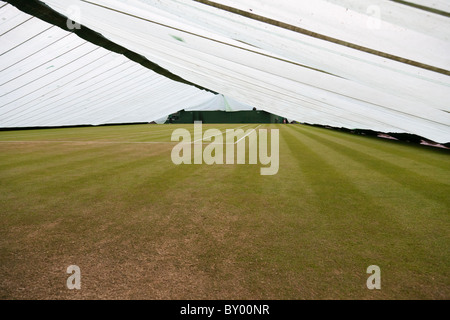 The Centre Court at Wimbledon protected from rain beneath an elevated cover. Stock Photo