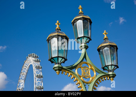 Detail of Lamp on Westminster Bridge and the London Eye Stock Photo