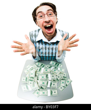 Fish-eye shot of happy screaming man with lots of dollars in front of him Stock Photo