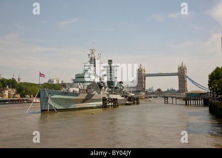 View down Thames of HMS Belfast and Tower Bridge Stock Photo