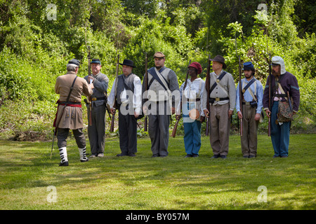 A reenactment of Confederate soldier infantry training. Stock Photo