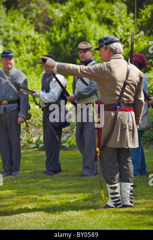 A reenactment of Confederate soldier infantry training. Stock Photo