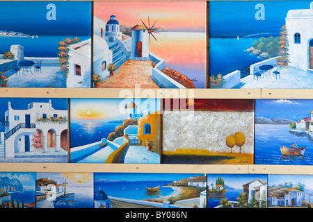 Display of local oil paintings. Crete, Greece. Stock Photo