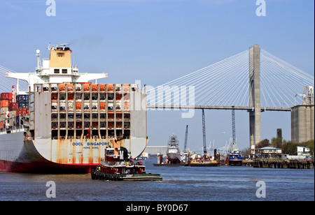 Container Ship entering Savannah Harbor on the Savannah River Stock Photo