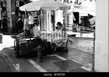 A Spanish gypsy lady selling lucky heather in Granada, Spain Stock Photo