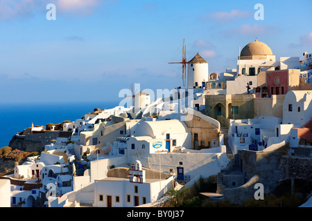 Oia ( Ia ) Santorini - Windmills and view of town , Greek Cyclades islands - Photos, pictures and images Stock Photo