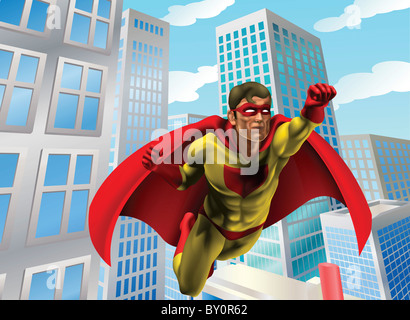 Caped super hero flying through the air in a city scene Stock Photo