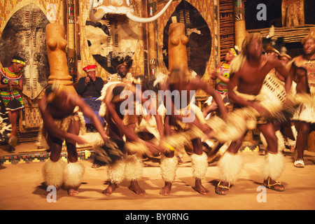 Dancers performing traditional Zulu dance, Shakaland, Eshowe, Zululand, KwaZulu-Natal, South Africa Stock Photo