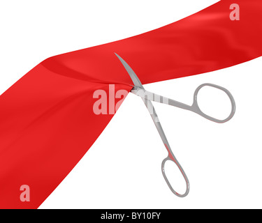 Manicure scissors cut the red ribbon isolated on white background Stock Photo