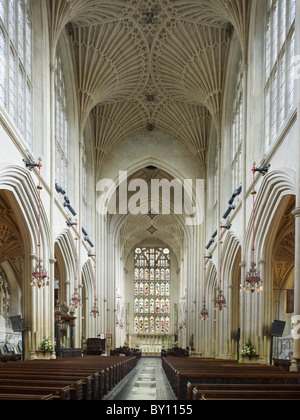 Bath Abbey, nave looking east. Ceiling fan vaulting part of Sir George Gilbert Scott's 1860s restoration Stock Photo