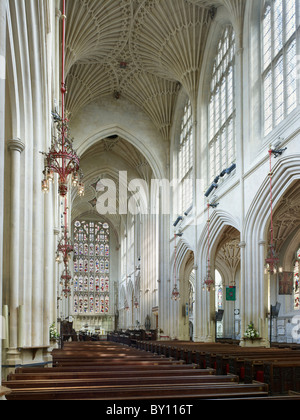 Bath Abbey, nave looking east. Ceiling fan vaulting part of Sir George Gilbert Scott's 1860s restoration Stock Photo