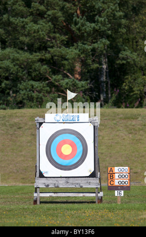 One standard FITA archery target and scoreboard with zero points at archery shooting range , Finland Stock Photo