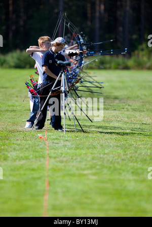 Young archers shooting in an international competition between the Cap of the North countries ( Finland, Sweden, Norway) , Finland Stock Photo