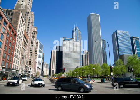Michigan Avenue looking north at Monroe Drive near Millennium Park in Chicago, Illinois, USA. Stock Photo