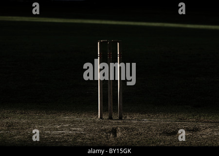 Cricket stumps, dry summer wicket. Stock Photo