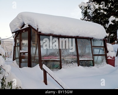 Green house which is holding up, even with a very heavy weight of snow. Stock Photo