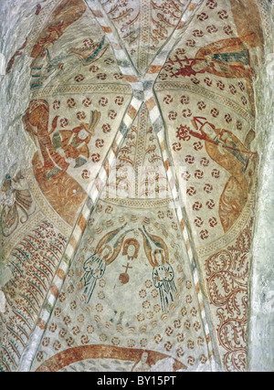 Vaulted ceiling with painted al secco murals from the 16th century in the medieval church of St. Peter in Siuntio, Finland Stock Photo