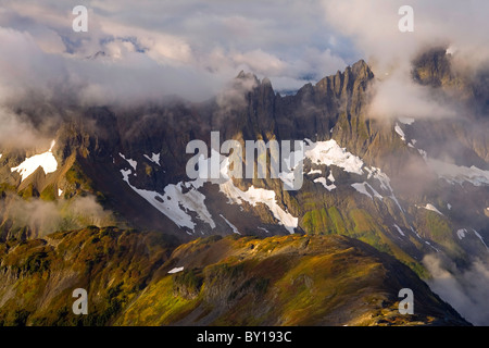 The view from below Sahale Peak down Sahale Arm and the North Cascades in North Cascades National Park. Stock Photo