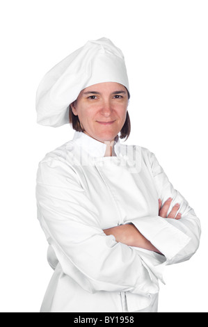 A woman chef in chef whites against a white background. Stock Photo