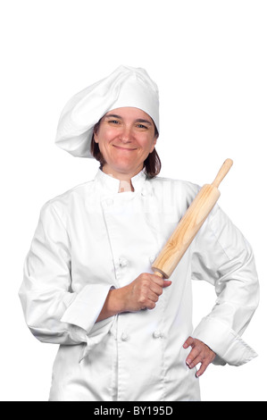 A female chef in her chef's whites isolated on white. Stock Photo