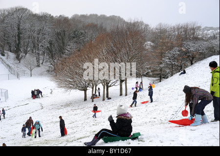 sledging on Mumbles hill freshly fallen snow hangs in the trees. Children look for the best angle of descent. Stock Photo