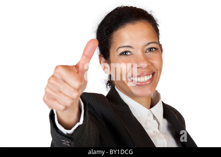 Smiling self confident business woman shows thumb up. Isolated on white background. Stock Photo