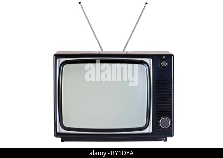 Photo of an old retro black and white tv set, isolated on a white background, with clipping paths for television and the screen. Stock Photo