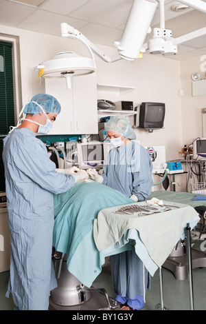 Two surgeons performing operation, surgical instruments in foreground Stock Photo