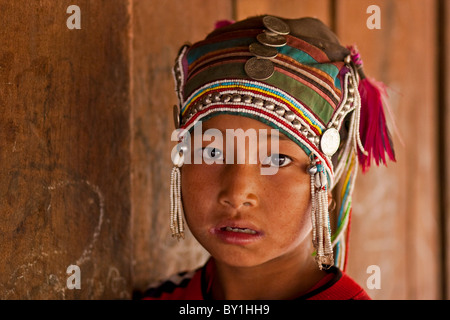 Myanmar, Burma, Kengtung (Kyaing Tong). Young Akha girl, in a hill village near Kengtung. Stock Photo