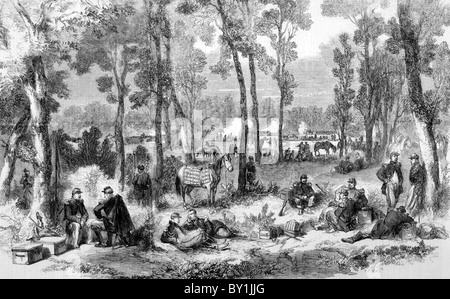 French Encampment; Second War of Italian Independence, circa 1859: 19th century black and white illustration Stock Photo
