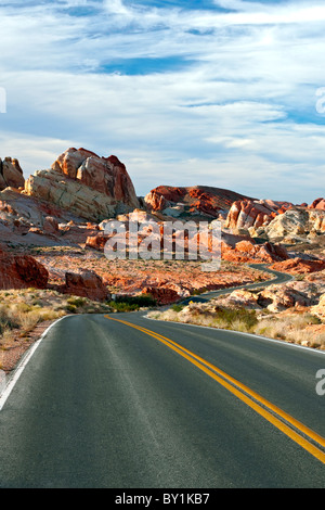 Scenic Highway 169 offers outstanding views of the sandstone landscape in Nevada’s Valley of Fire State Park. Stock Photo